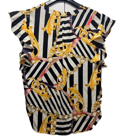 OVI Stripes and Chains Ruffle Sleeve V-Neck Blouse in Size L (Navy Blue/White) - Picture 3 of 3